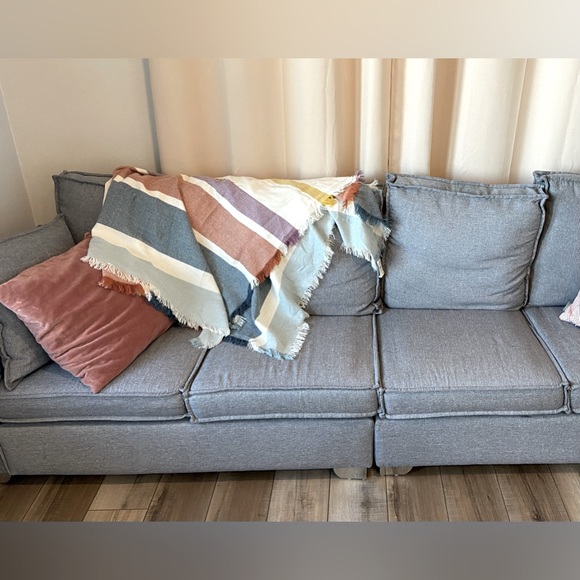 Cute Madewell decorative throw with blue yellow and brick colors and frayed ends - Picture 2 of 7